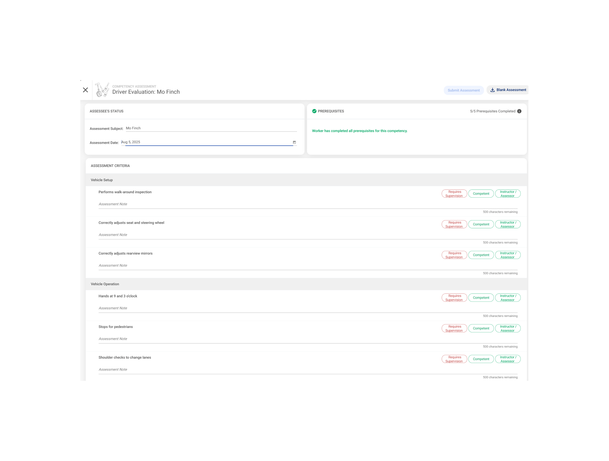 Driver Assessment Screenshot