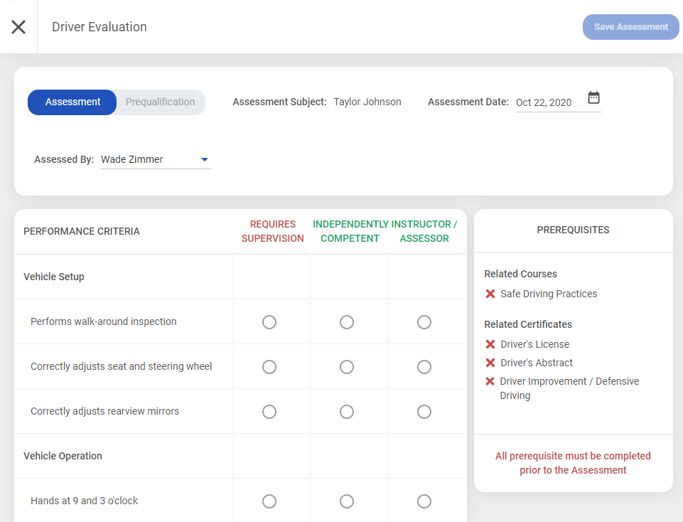 Driver Assessment Screenshot