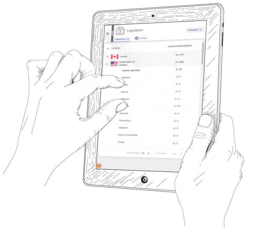 Admin view on tablet of legislation countries