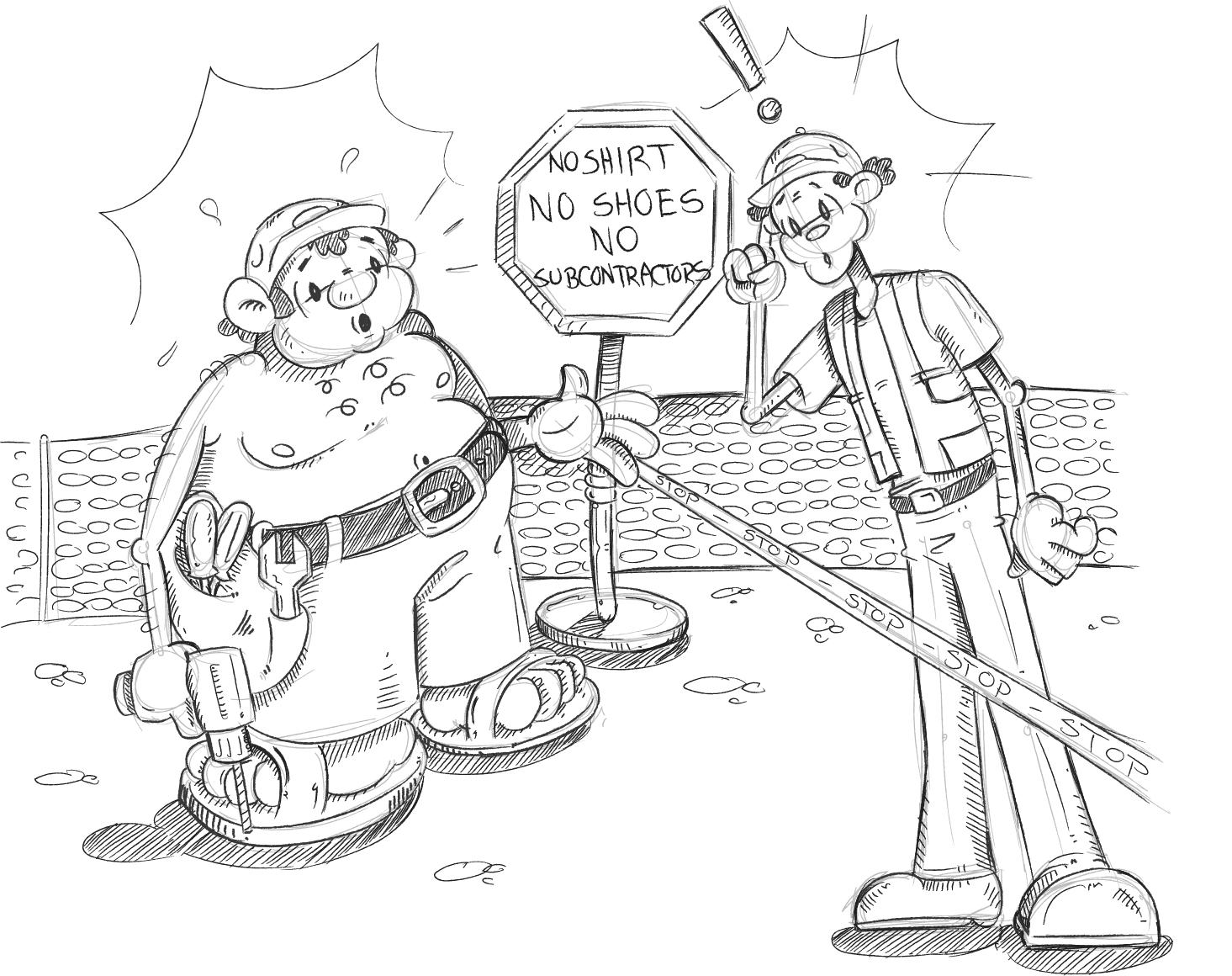 Cartoon of man being denied worksite access due to lack of PPE