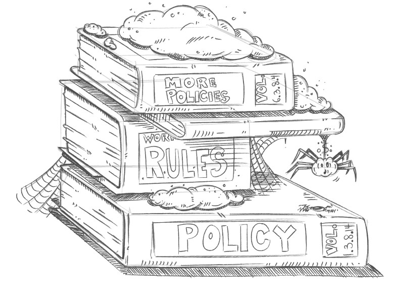 Cartoon of a stack of dusty old cobwebbed books that are full of Policies